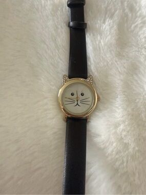 Cat Face Gold-Tone Watch with Black Strap
